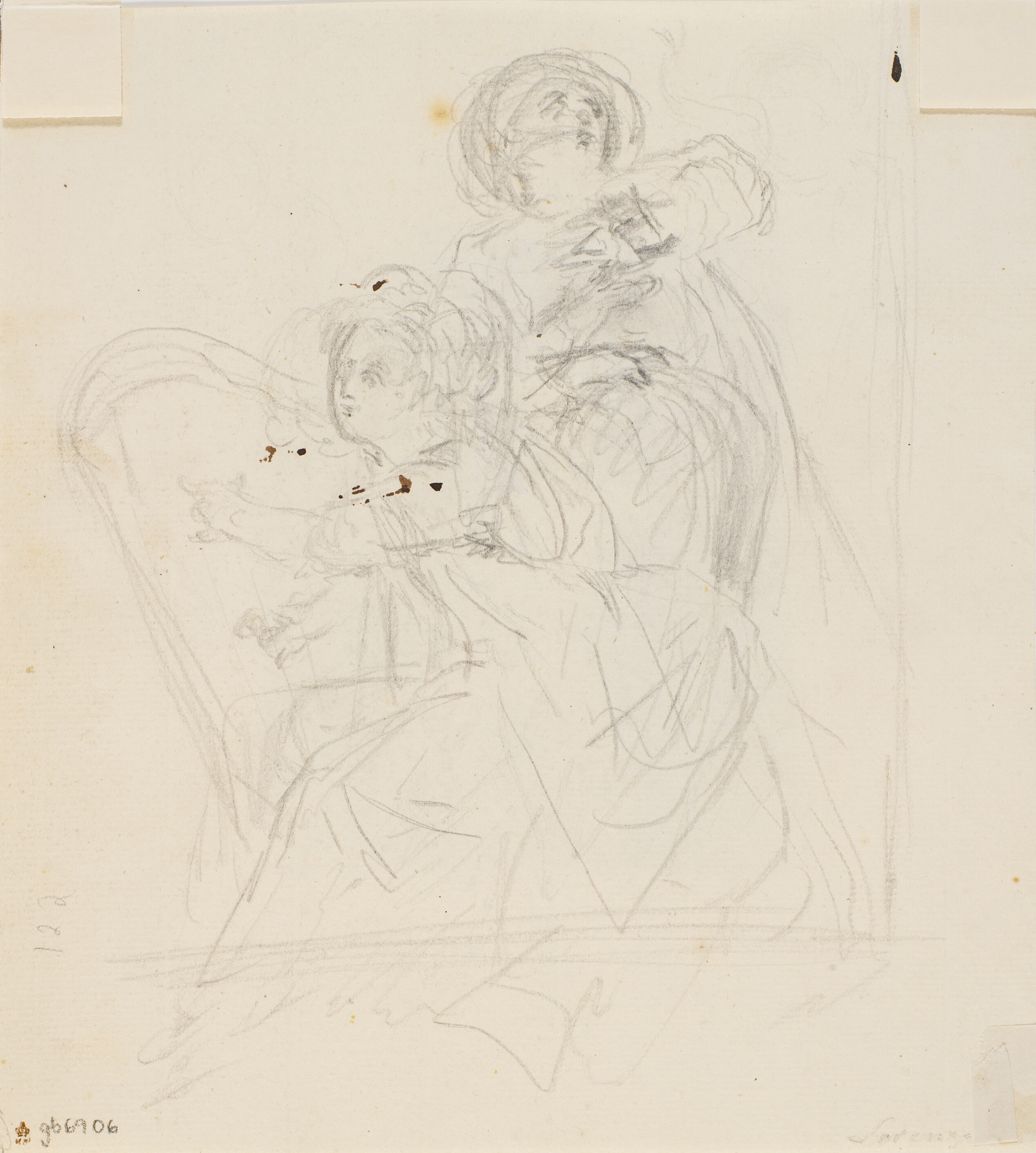 Siddende dame med harpe og bagved stående mand